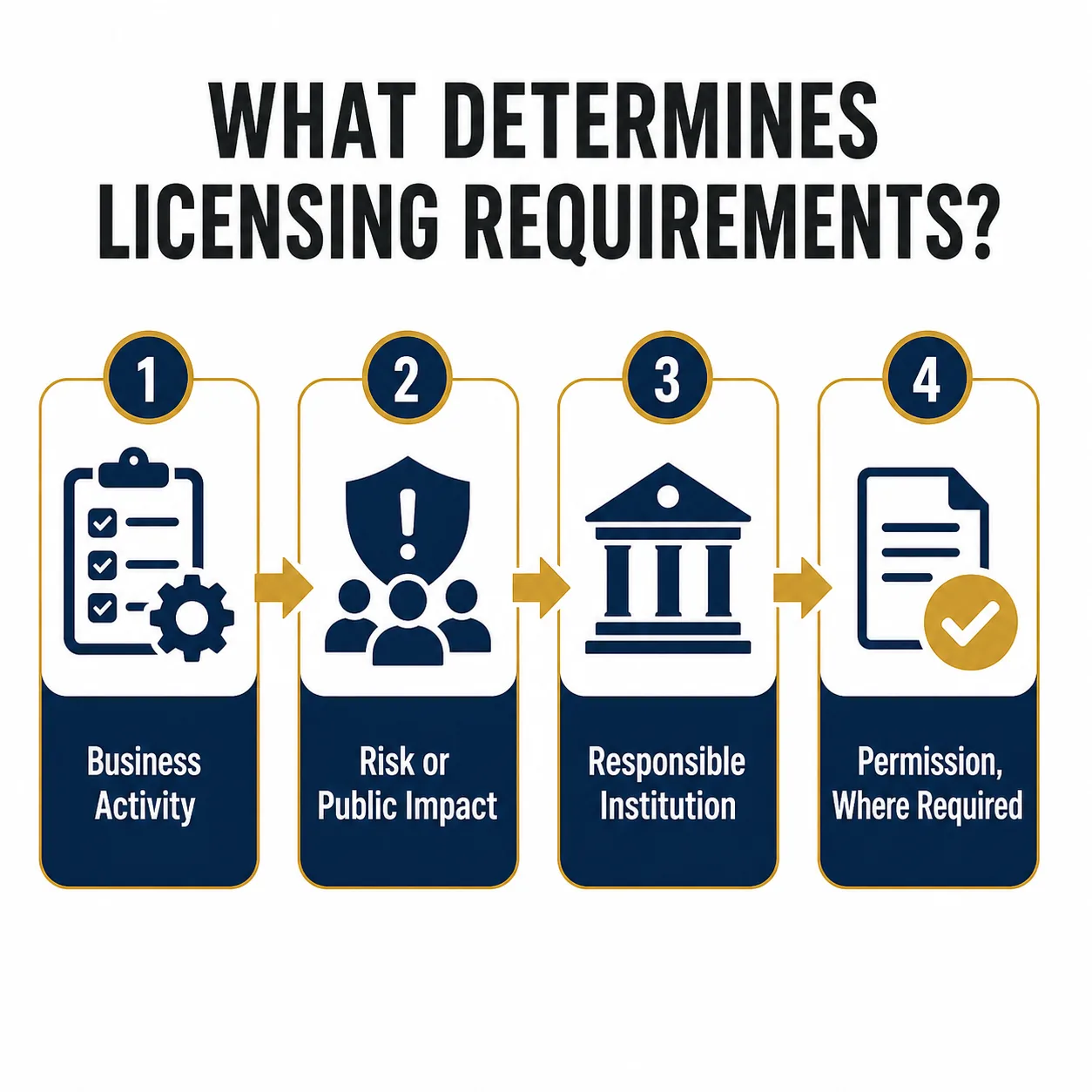 Diagram showing how business activities and public impact shape licensing requirements.