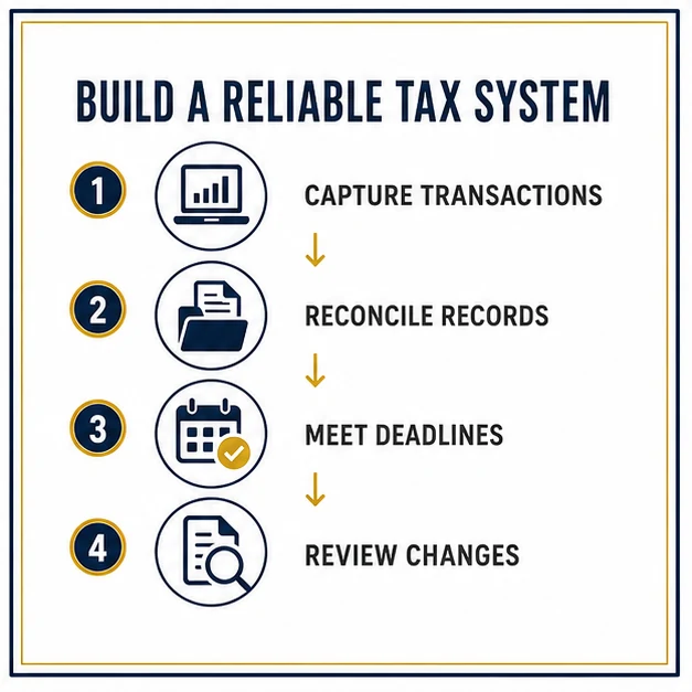Four-step tax administration system covering transaction capture, record reconciliation, deadlines and business changes.