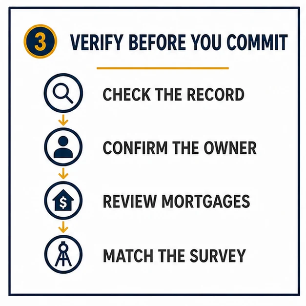 Property verification checklist covering the record, owner, mortgages and survey.