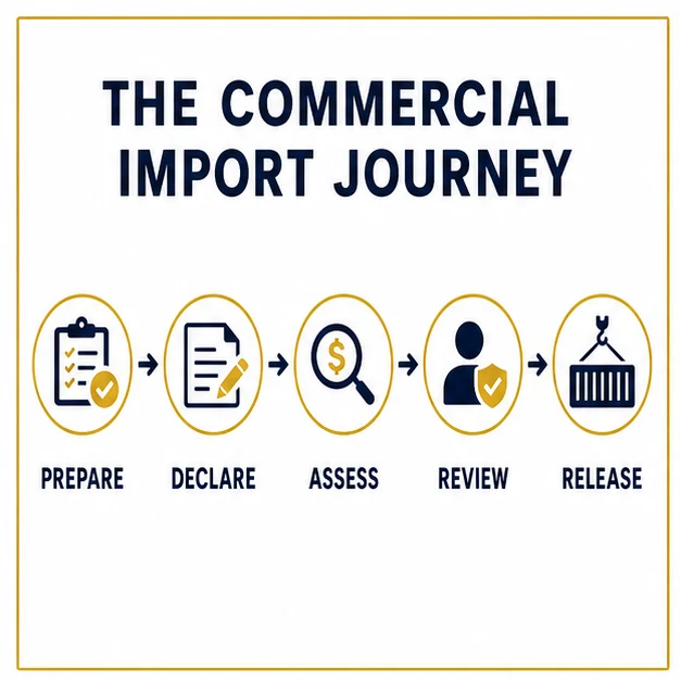 Commercial import journey from preparation and declaration through assessment, review and release.