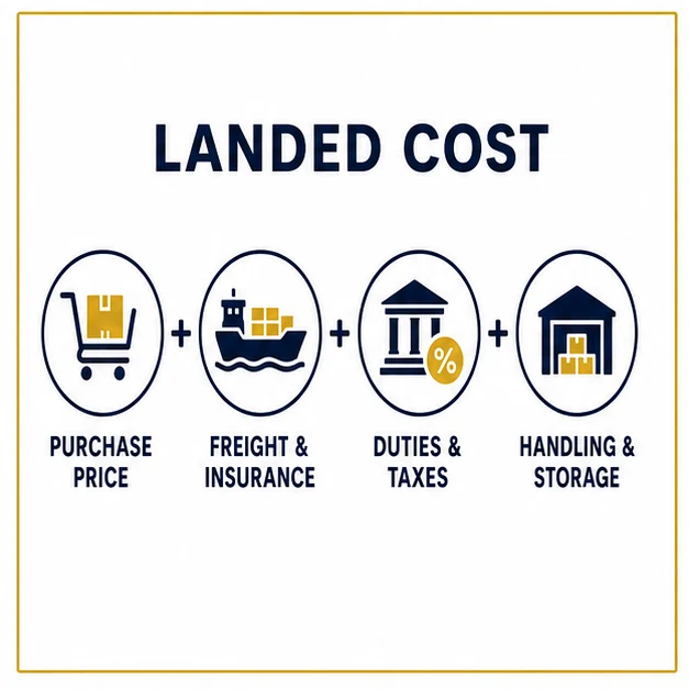 Landed-cost components including purchase price, freight, insurance, duties, taxes, handling and storage.