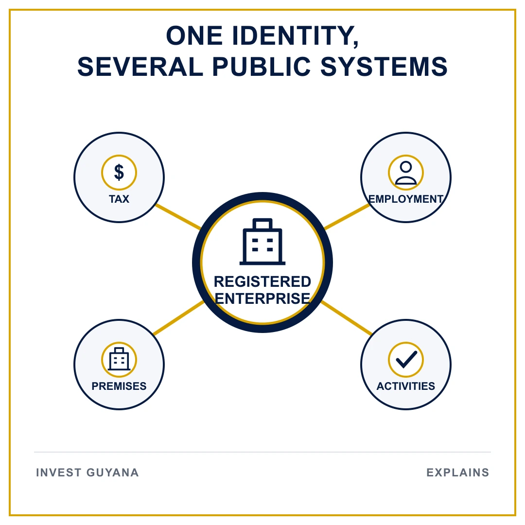 Diagram linking a registered enterprise to tax, employment, premises and regulated-activity systems.