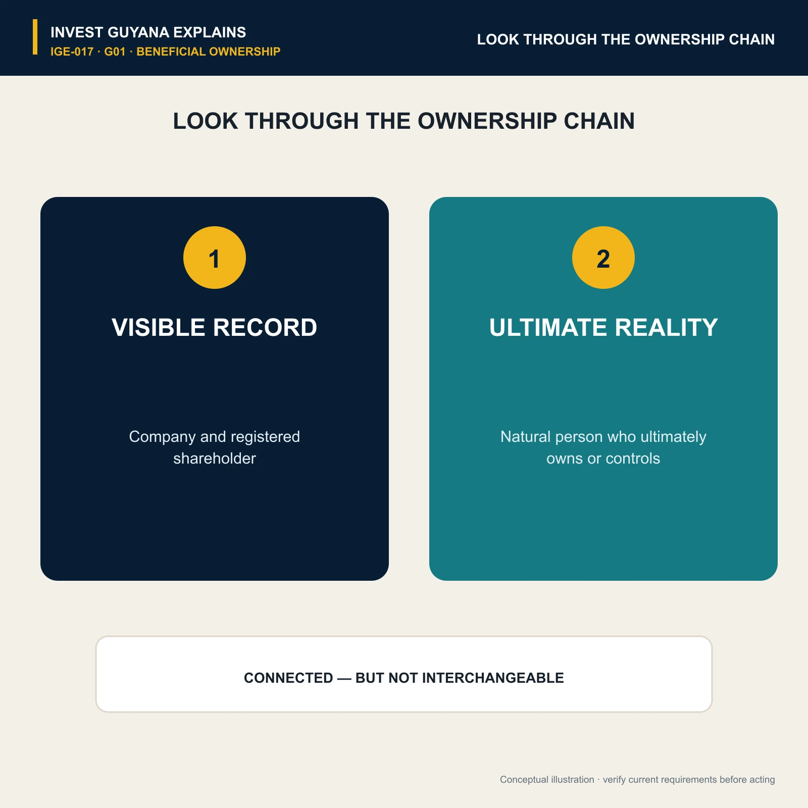 Comparison between the visible company record and the natural person who ultimately owns or controls the entity.