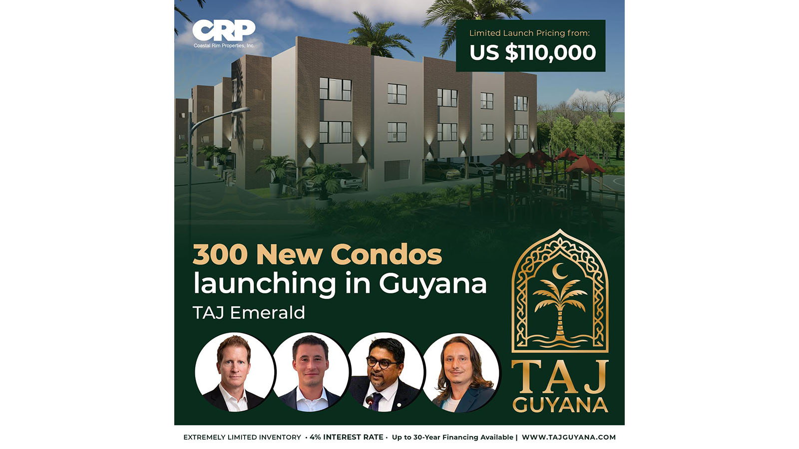 Coastal Rim Properties Inc. Launches TAJ Emerald: 300 New Premium Condominiums from US$110,000 (G$25M)