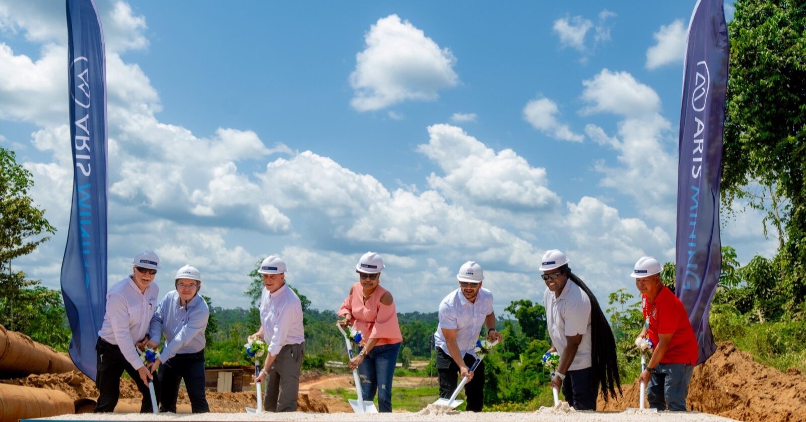 Officials and Aris Mining representatives at the Puruni Bridge groundbreaking in Region Seven