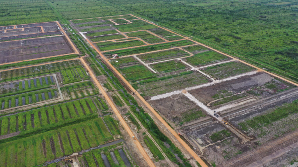 Drone view of infrastructure works in Phase Three of the Wales Housing Development, West Bank Demerara.