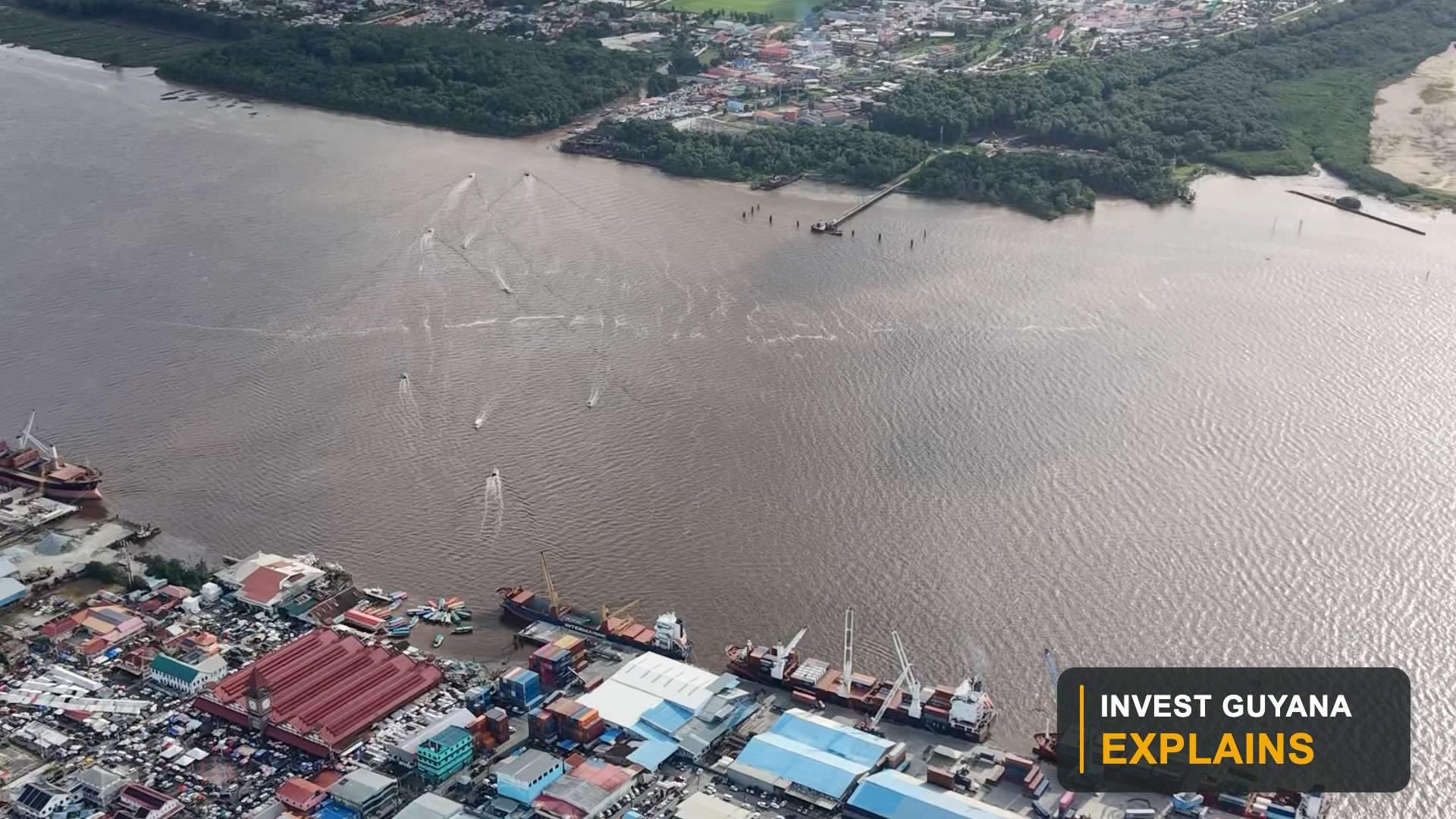 Aerial view across the Demerara River, Georgetown and the West Coast Demerara landscape.