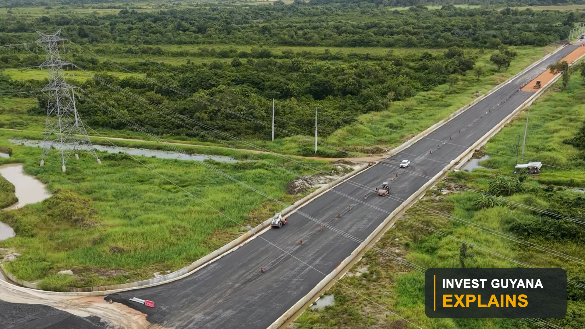 Aerial view of road construction along the East Bank Demerara corridor.