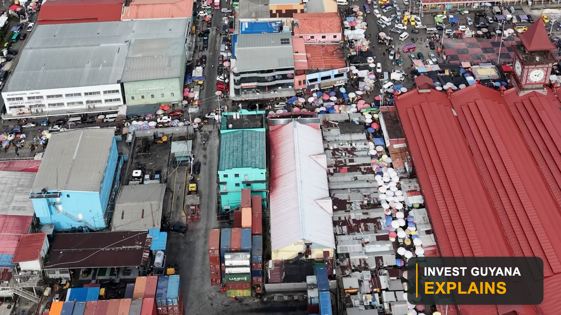 Aerial view of Stabroek Market and commercial activity in central Georgetown.