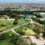 Aerial view of construction works across Guyana's Zoo and Botanical Gardens in Georgetown.