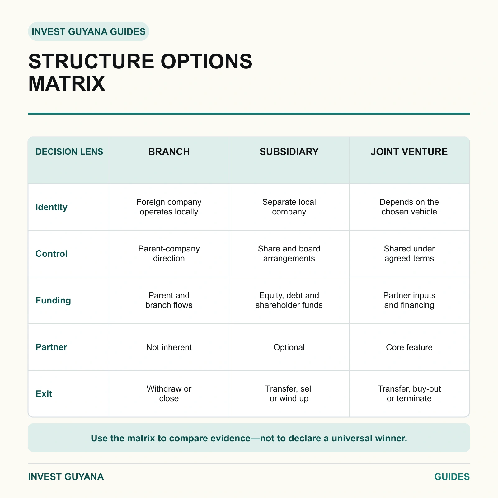 Matrix comparing branch, subsidiary and joint venture by legal identity, control, funding, partner role and exit without ranking the options.