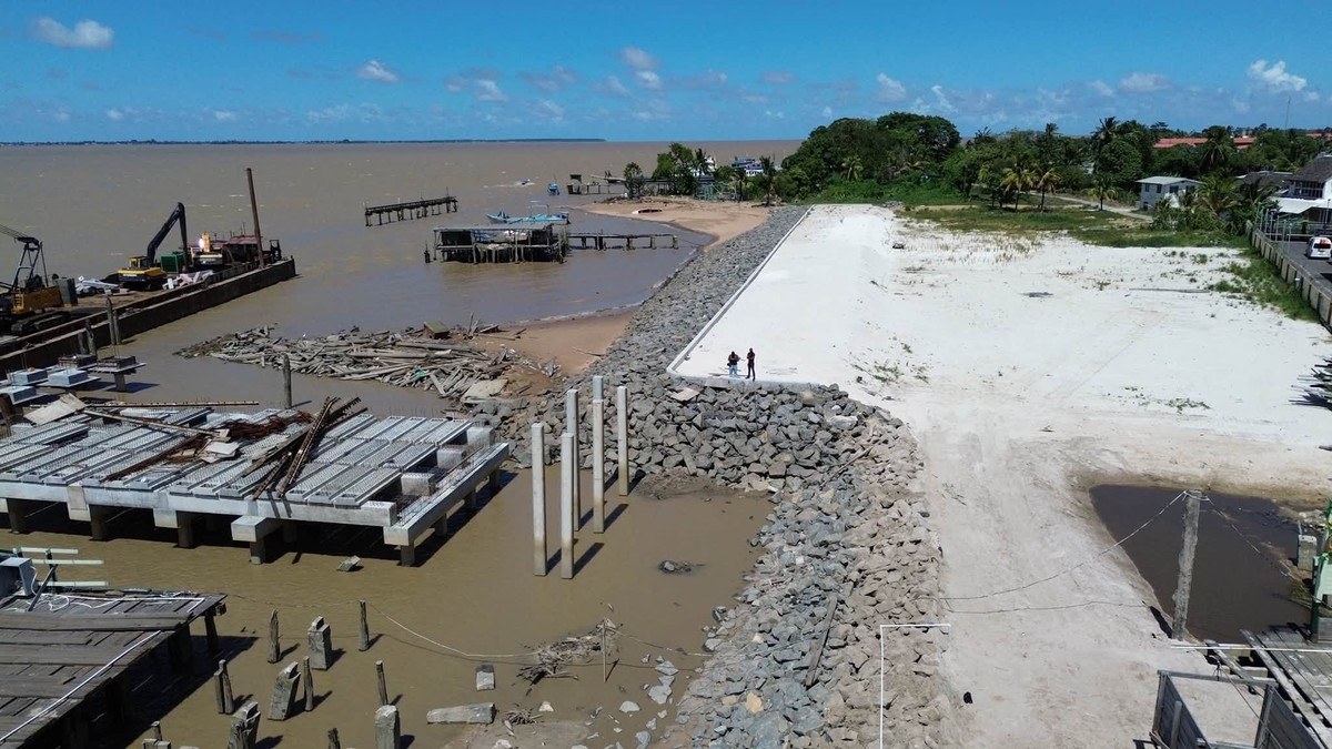 Construction work on the new Parika Ferry Stelling and waterfront project in Guyana.