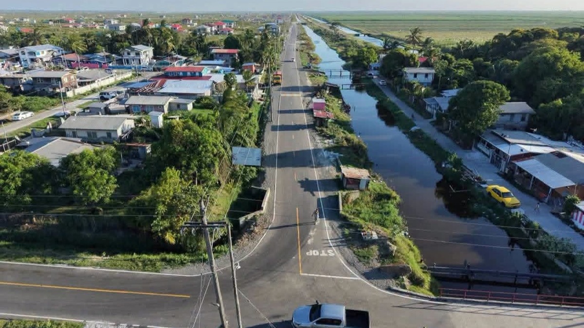Aerial view of the upgraded roadway between Leonora and Stewartville on Guyana's West Coast Demerara.