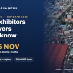 Invest Guyana News graphic for GuyExpo 2026, 12 to 15 November at the National Exhibition Centre, Sophia, shown over an aerial view of Stabroek Market, Georgetown